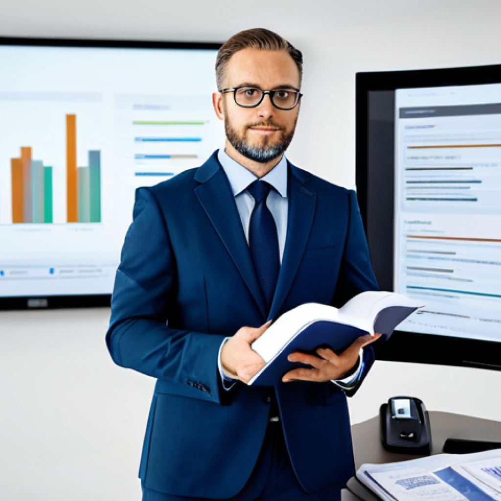 A focused professional marketing strategist, fully clothed in a modest business suit, stands confidently in a modern, open-plan office. One hand is placed on a stack of traditional marketing books and academic papers, while the other gestures towards a large, illuminated digital screen displaying real-time marketing campaign data and analytics. The background shows blurred elements of a dynamic, collaborative workspace. The image conveys the seamless bridge between theoretical knowledge and practical application, emphasizing the integration of both. Appropriate attire, professional dress, safe for work, appropriate content, perfect anatomy, correct proportions, natural pose, well-formed hands, proper finger count, natural body proportions, professional photography, high quality.