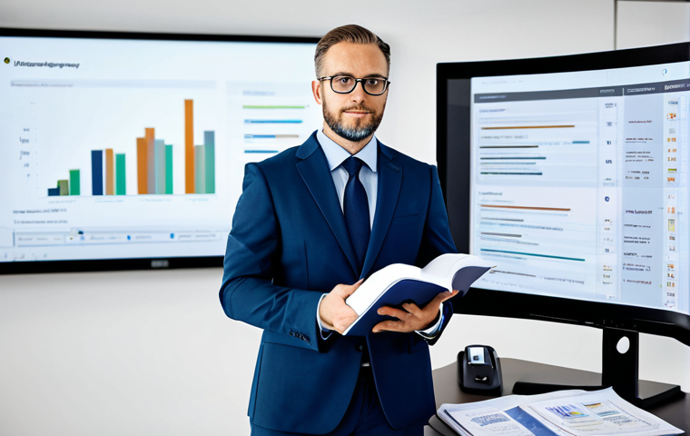 A focused professional marketing strategist, fully clothed in a modest business suit, stands confidently in a modern, open-plan office. One hand is placed on a stack of traditional marketing books and academic papers, while the other gestures towards a large, illuminated digital screen displaying real-time marketing campaign data and analytics. The background shows blurred elements of a dynamic, collaborative workspace. The image conveys the seamless bridge between theoretical knowledge and practical application, emphasizing the integration of both. Appropriate attire, professional dress, safe for work, appropriate content, perfect anatomy, correct proportions, natural pose, well-formed hands, proper finger count, natural body proportions, professional photography, high quality.