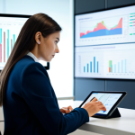 A focused female marketing professional, in a modest business suit, sitting at a desk in a modern, brightly lit office. Large digital screens in the background display complex data visualizations and analytics dashboards. She is thoughtfully observing the data, with a tablet in her hands. The scene emphasizes data-driven decision-making and strategic analysis. The image should convey professionalism and competence. safe for work, appropriate content, fully clothed, professional, perfect anatomy, correct proportions, natural pose, well-formed hands, proper finger count, natural body proportions, professional photography, high quality.