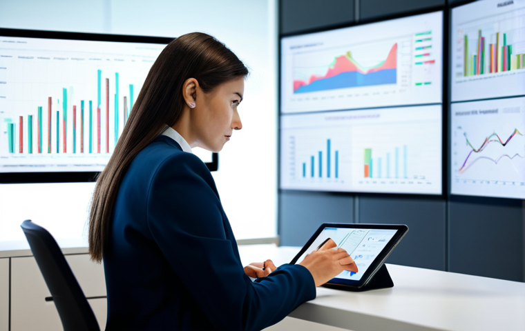 A focused female marketing professional, in a modest business suit, sitting at a desk in a modern, brightly lit office. Large digital screens in the background display complex data visualizations and analytics dashboards. She is thoughtfully observing the data, with a tablet in her hands. The scene emphasizes data-driven decision-making and strategic analysis. The image should convey professionalism and competence. safe for work, appropriate content, fully clothed, professional, perfect anatomy, correct proportions, natural pose, well-formed hands, proper finger count, natural body proportions, professional photography, high quality.