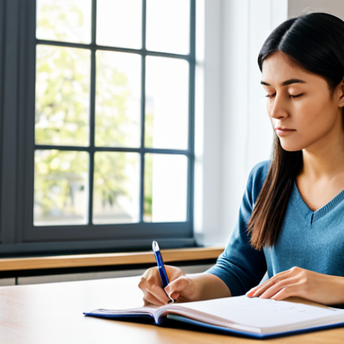 A focused female professional in her late 20s, wearing a modest, comfortable professional sweater and neat trousers. She is sitting at a modern wooden desk, looking intently at a meticulously organized study planner. Her hands are gently resting on the planner, indicating engagement and a thoughtful approach. The setting is a well-lit, clean, and minimalist study room with soft, natural light coming through a large window. A small potted plant sits on the desk, adding a touch of calm. The background features a neatly organized bookshelf. The image conveys a calm, dedicated, and efficient atmosphere. Professional photography, sharp focus, high resolution, soft lighting, fully clothed, appropriate attire, modest clothing, safe for work, professional, perfect anatomy, correct proportions, natural pose, well-formed hands, proper finger count, natural body proportions, appropriate content, family-friendly.