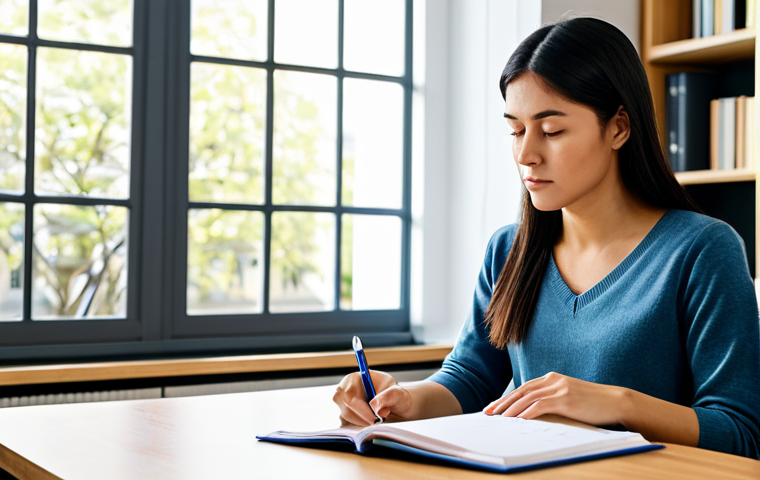 A focused female professional in her late 20s, wearing a modest, comfortable professional sweater and neat trousers. She is sitting at a modern wooden desk, looking intently at a meticulously organized study planner. Her hands are gently resting on the planner, indicating engagement and a thoughtful approach. The setting is a well-lit, clean, and minimalist study room with soft, natural light coming through a large window. A small potted plant sits on the desk, adding a touch of calm. The background features a neatly organized bookshelf. The image conveys a calm, dedicated, and efficient atmosphere. Professional photography, sharp focus, high resolution, soft lighting, fully clothed, appropriate attire, modest clothing, safe for work, professional, perfect anatomy, correct proportions, natural pose, well-formed hands, proper finger count, natural body proportions, appropriate content, family-friendly.