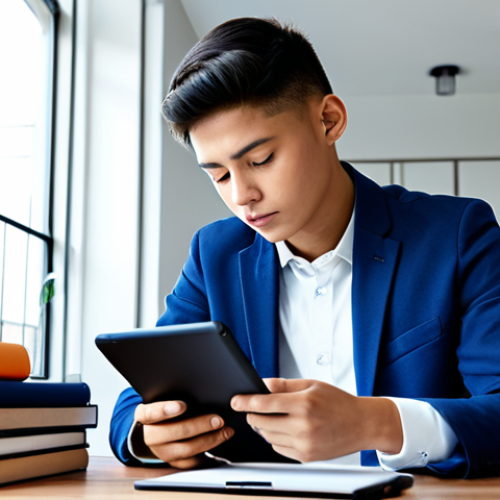 **

A student fully clothed and focused, utilizing a time management app on a tablet, surrounded by textbooks and study materials in a well-lit, organized workspace, appropriate attire, safe for work, perfect anatomy, natural proportions, digital illustration, professional, educational setting, family-friendly, clear image, high quality.

**