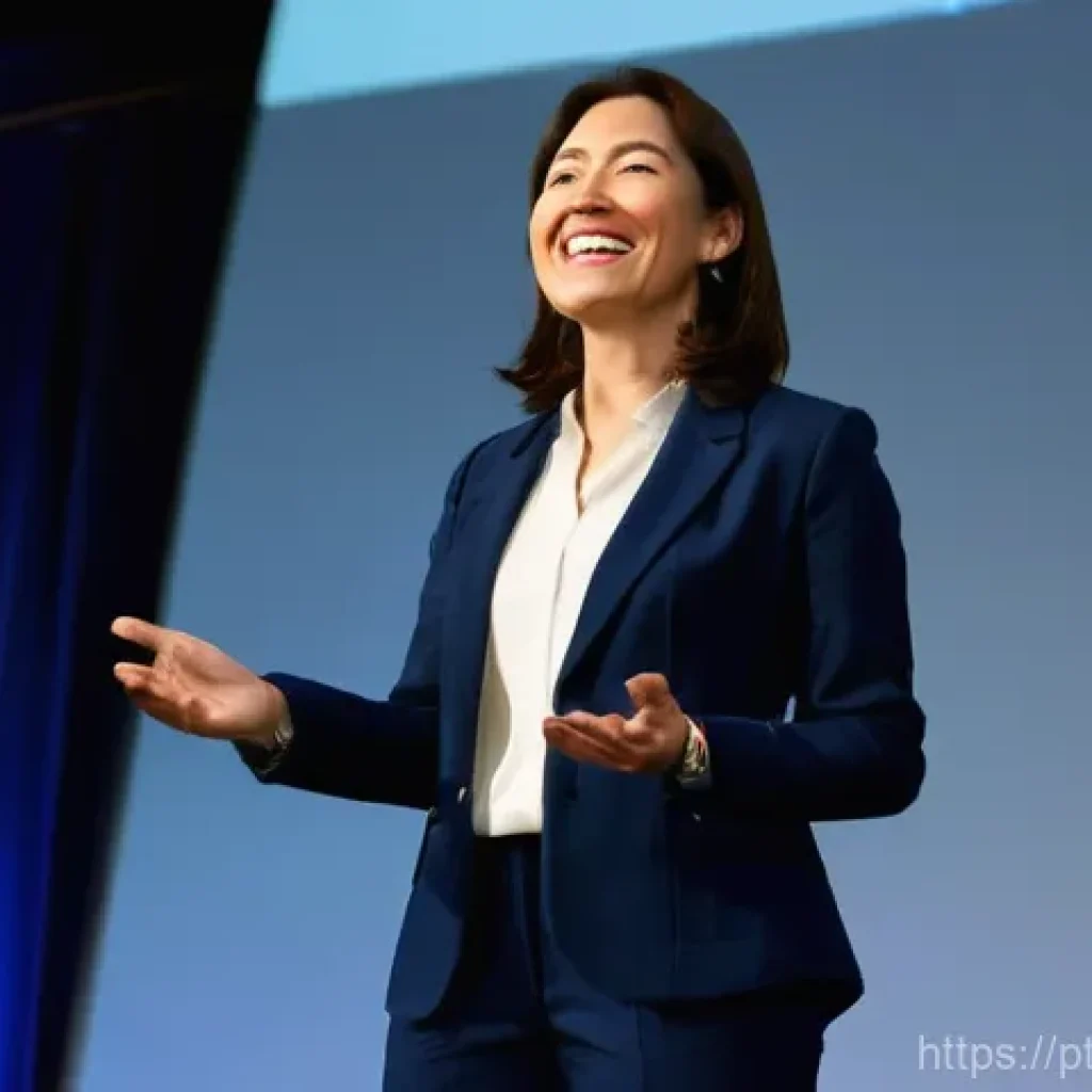 마케팅관리사 실기 시험에서 강조되는 프레젠테이션 스킬 - **Prompt:** A dynamic, charismatic female speaker in her late 30s, dressed in a stylish business cas...