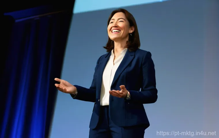 마케팅관리사 실기 시험에서 강조되는 프레젠테이션 스킬 - **Prompt:** A dynamic, charismatic female speaker in her late 30s, dressed in a stylish business cas...