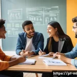 마케팅관리사 시험 준비에 효과적인 그룹 프로젝트 - **Prompt:** A dynamic, brightly lit scene in a modern university study lounge in Lisbon, Portugal, w...