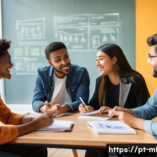 마케팅관리사 시험 준비에 효과적인 그룹 프로젝트 - **Prompt:** A dynamic, brightly lit scene in a modern university study lounge in Lisbon, Portugal, w...