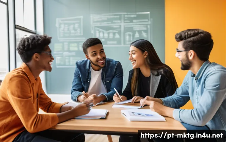 마케팅관리사 시험 준비에 효과적인 그룹 프로젝트 - **Prompt:** A dynamic, brightly lit scene in a modern university study lounge in Lisbon, Portugal, w...