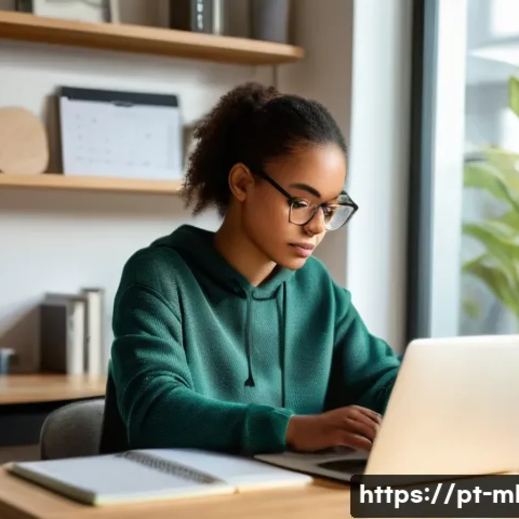 마케팅관리사 자격증으로 학업 병행 사례 - A focused young adult student sitting at a neat, organized desk in a bright, modern home office with...