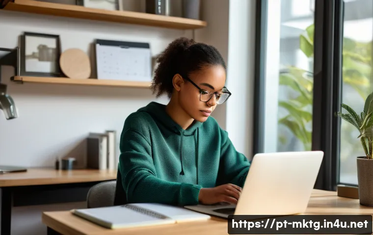 마케팅관리사 자격증으로 학업 병행 사례 - A focused young adult student sitting at a neat, organized desk in a bright, modern home office with...