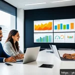 Home 22 마케팅관리사와 데이터 기반 마케팅의 접목 - A modern Brazilian marketing office with diverse professionals analyzing colorful data dashboards on...