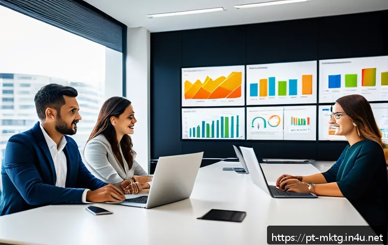 마케팅관리사와 데이터 기반 마케팅의 접목 - A modern Brazilian marketing office with diverse professionals analyzing colorful data dashboards on...