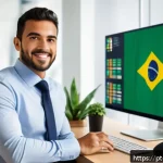 Home 20 마케팅관리사 자격증과 기업 내 경력 개발 - A professional Brazilian marketing specialist in a modern office setting, analyzing colorful digital...