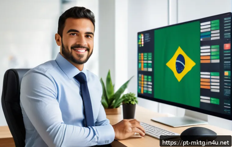 마케팅관리사 자격증과 기업 내 경력 개발 - A professional Brazilian marketing specialist in a modern office setting, analyzing colorful digital...
