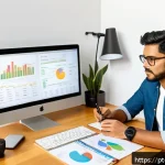 Home 23 마케팅관리사 시험에서 높은 점수를 받는 비법 - A modern digital marketing workspace scene featuring a young professional of Brazilian descent analy...