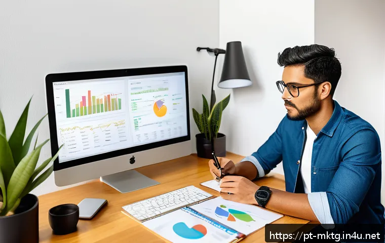 마케팅관리사 시험에서 높은 점수를 받는 비법 - A modern digital marketing workspace scene featuring a young professional of Brazilian descent analy...